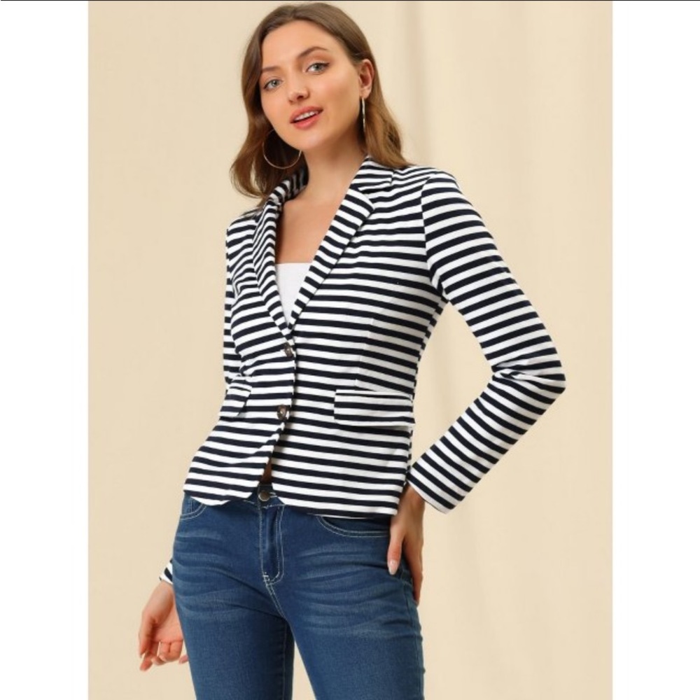 Allegra K Women's Notched Collar Long Sleeve Button Front Striped
Blazer